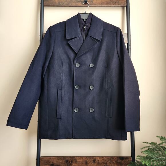 Kenneth Cole Men's Black Wool Blend Double Breasted Classic Peacoat Size L - Picture 2 of 9